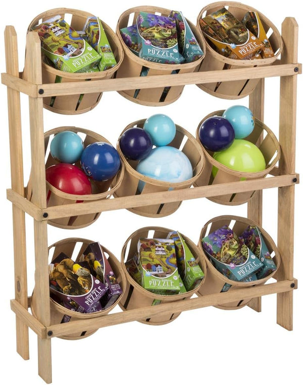 9-Bin Tiered Wooden Basket Display Stand – Oak