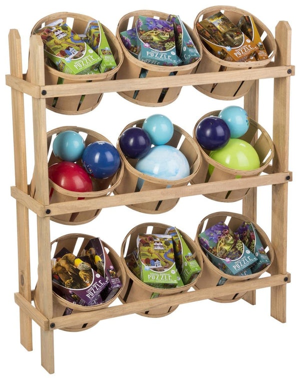 9-Bin Tiered Wooden Basket Display Stand – Oak