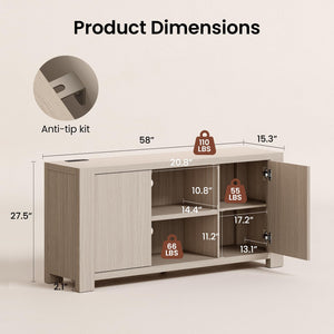 58" TV Stand with Storage Cabinets & Outlet
