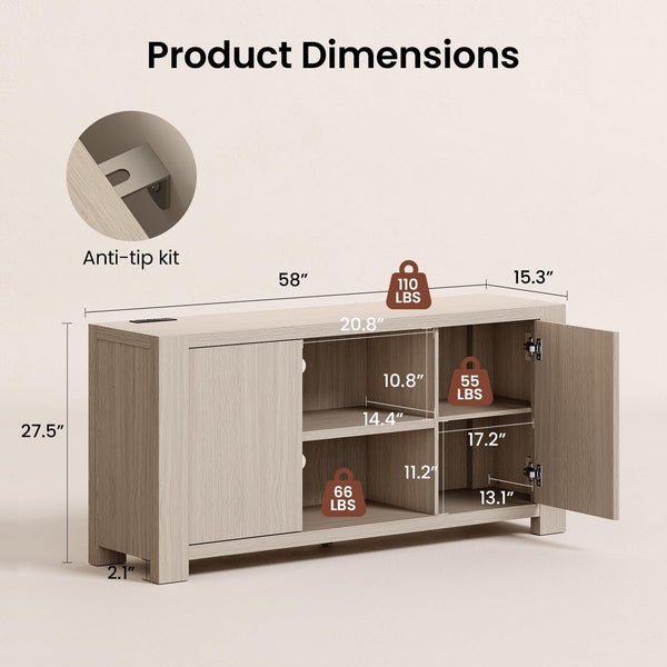 58" TV Stand with Storage Cabinets & Outlet
