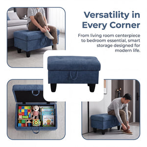 Storage Ottoman Bench – Dark Blue Linen, Solid Wood Frame
