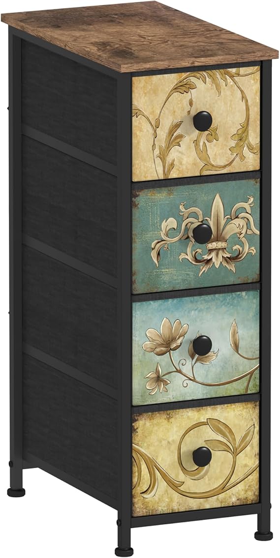 Narrow Dresser with Retro Floral Fabric Drawers
