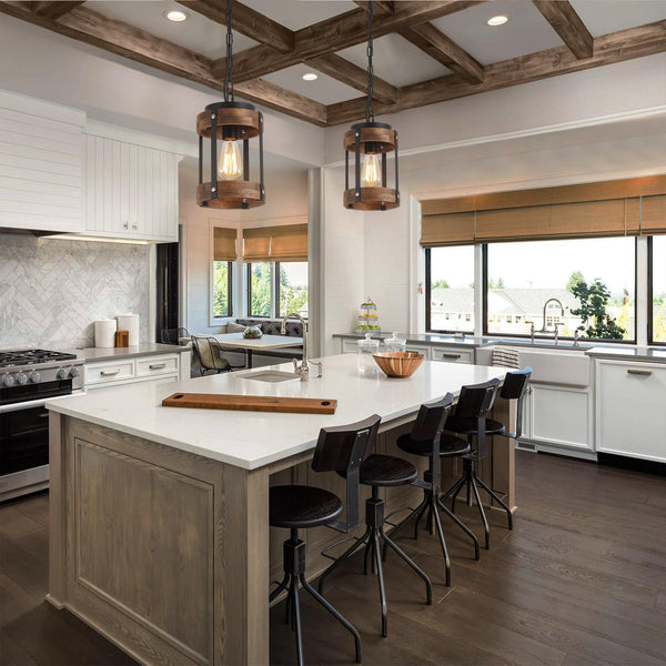 Rustic Farmhouse Wood & Metal Pendant Light Fixture
