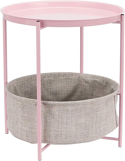 Round Metal End Table with Fabric Storage Bin