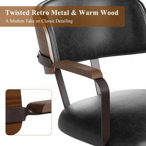 Mid-Century Modern Swivel Desk Chair – PU Leather, Walnut Bentwood Back, Black