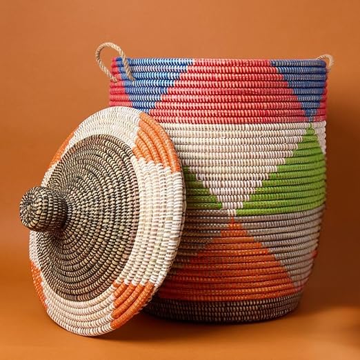 Colorful Wicker Basket with Hooded Lid & Rope Handles