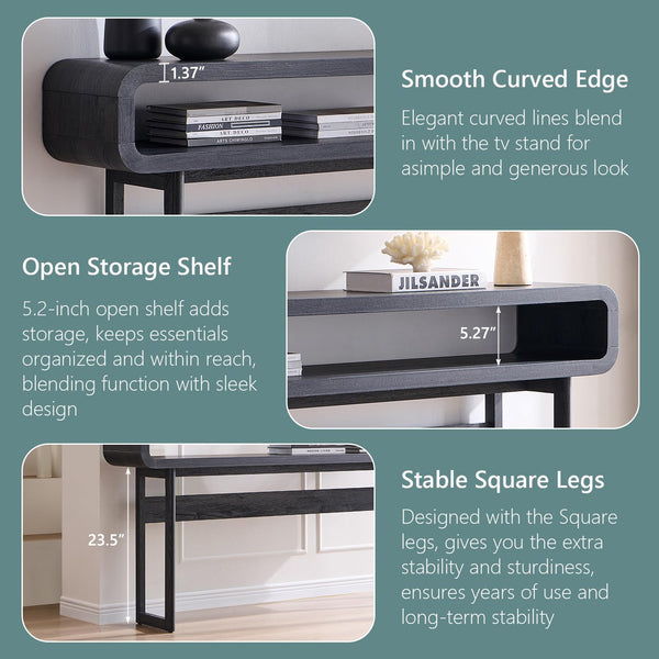 63" Narrow Console Table with Open Shelf, Curved Modern Design
