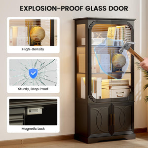 Glass Door Display Cabinet with LED Lights, 5-Tier Bookcase, 69 in Tall
