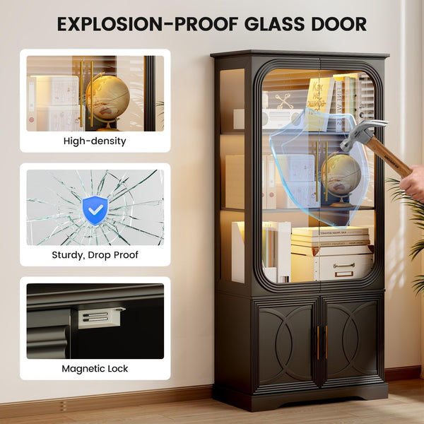Glass Door Display Cabinet with LED Lights, 5-Tier Bookcase, 69 in Tall
