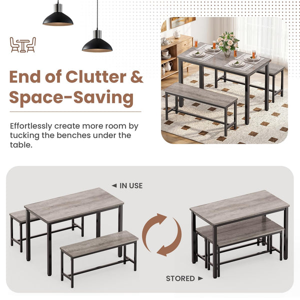 3-Piece Dining Table Set with 2 Benches
