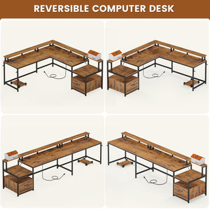 L-Shaped Corner Office Desk 66 Inch with File Drawer, LED Lights & Monitor Shelf
