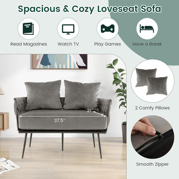 Woven Loveseat Sofa with Velvet Cushion & Metal Legs