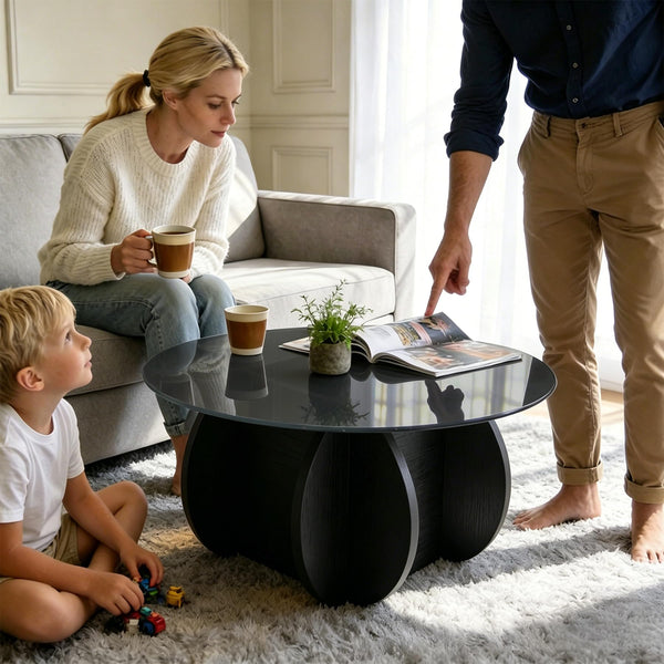 Round Glass Coffee Table with Wood Base
