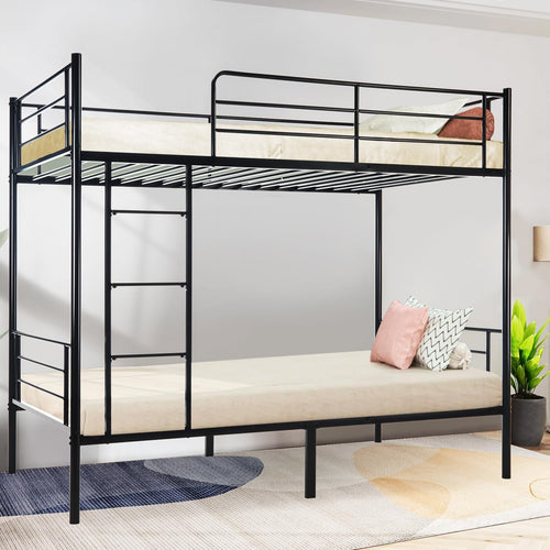 Twin Over Twin Metal Bunk Bed with Guardrails and Ladder