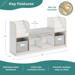 Kids Reading Nook Bookshelf Bench with Storage Bins and Seat Cushion