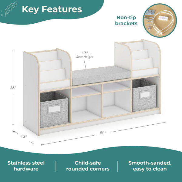 Kids Reading Nook Bookshelf Bench with Storage Bins and Seat Cushion