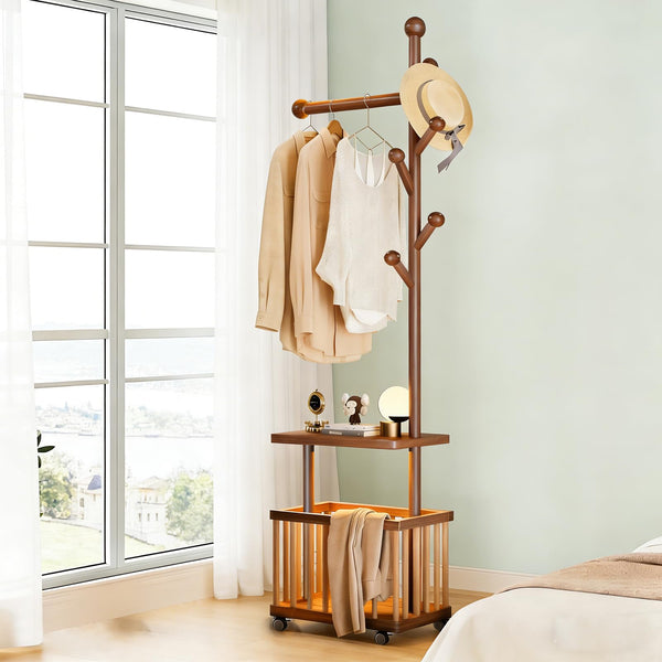 Solid Wood Coat Rack with Storage Baskets and Wheels
