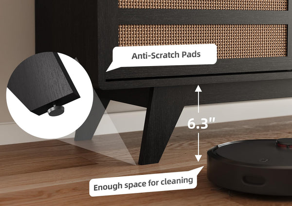 Boho TV Stand with Rattan Storage Cabinets – Fits Up to 70" TV