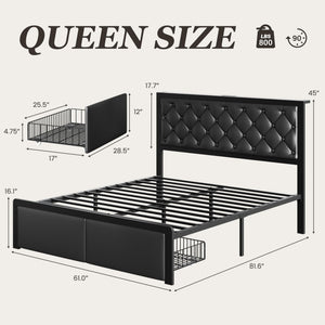 Metal Bed Frame with Storage Drawers & Charging Station