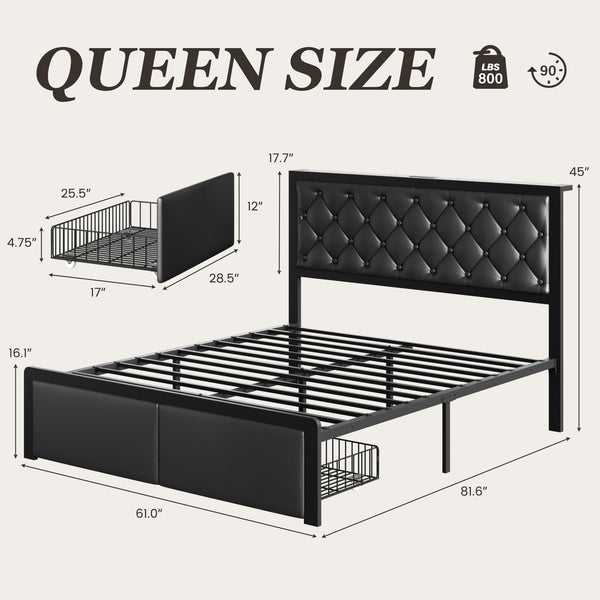 Metal Bed Frame with Storage Drawers & Charging Station