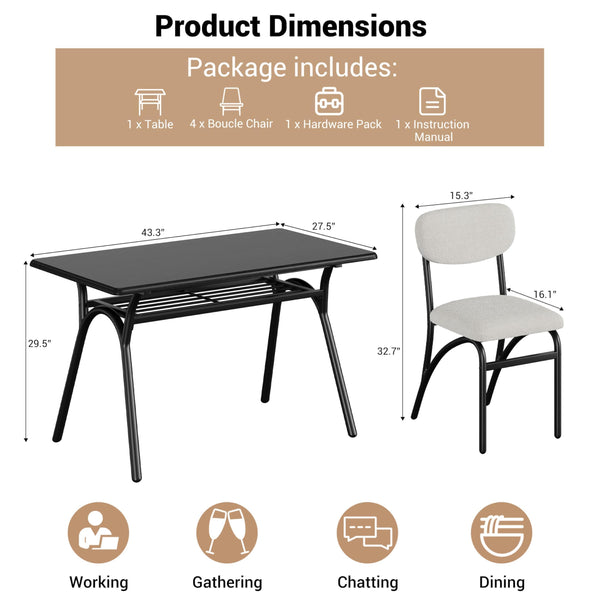 5-Piece Dining Table Set with 4 Boucle Chairs & Storage Shelf