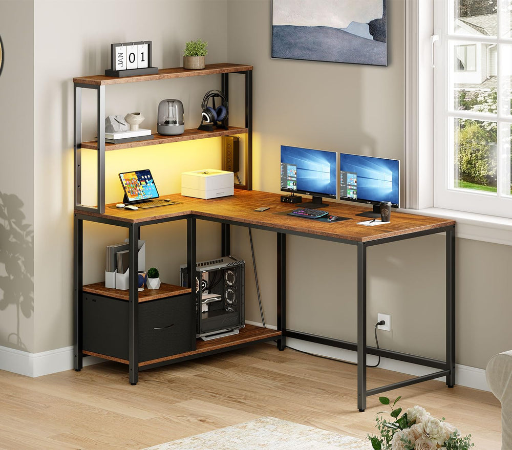 L-Shaped Gaming Desk with LED Light, Power Outlet & Storage Shelves, 46"