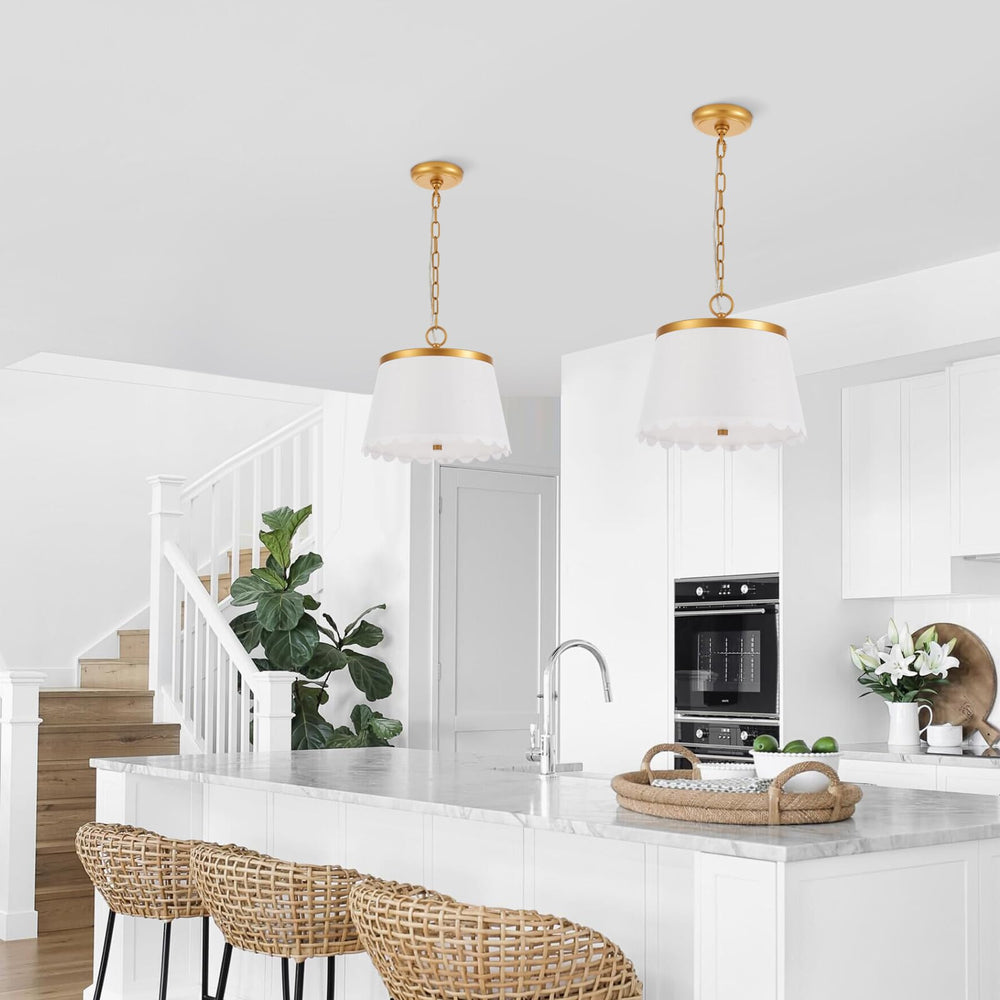Cream White Fabric Drum Pendant Light – 3-Light Chandelier with Antique Brass Finish
