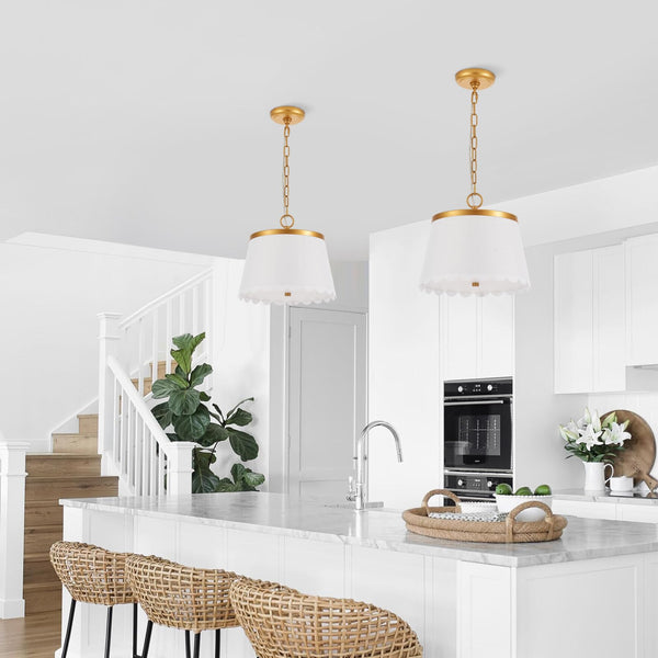 Cream White Fabric Drum Pendant Light – 3-Light Chandelier with Antique Brass Finish