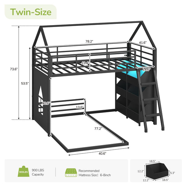L-Shaped Twin Over Twin Bunk Bed with Storage Bins & LED Lights