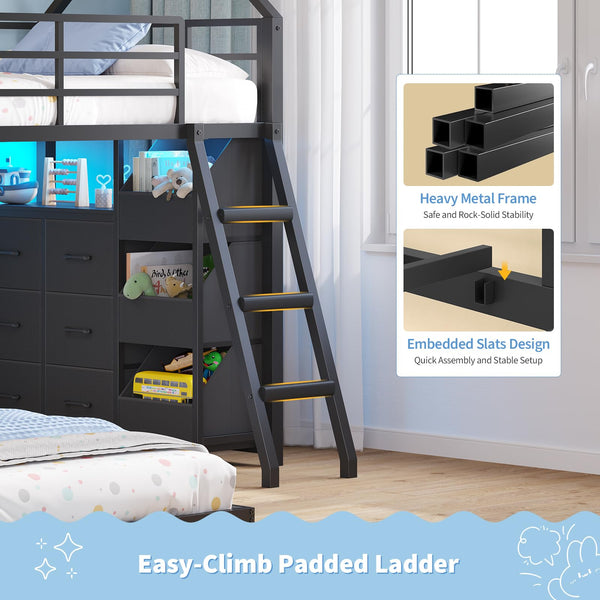 Twin Over Twin House Bunk Bed with LED Lights, Storage Drawers & Safety Guardrail