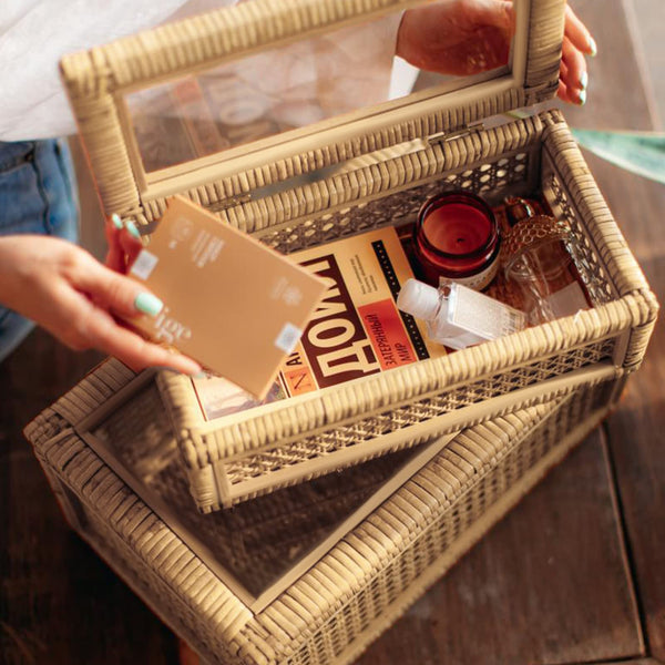 Boho Rattan Display Boxes with Glass Lids Set of 2