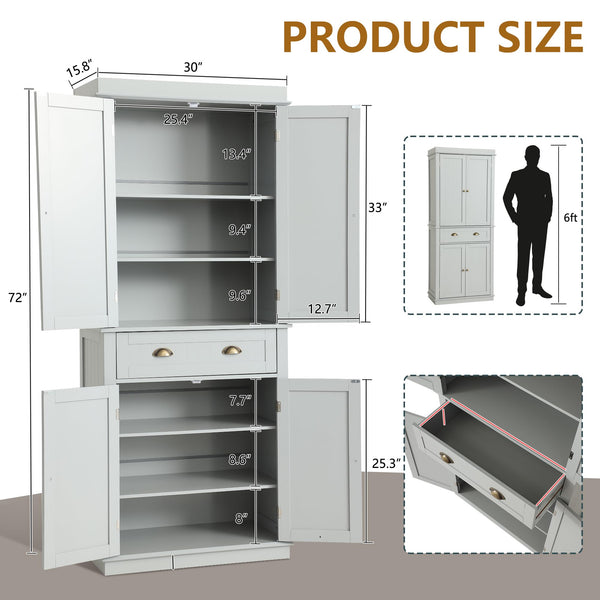 72" Kitchen Pantry Storage Cabinet with Drawer & Adjustable Shelves