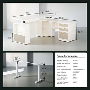 63" L-Shaped Electric Standing Desk with File Cabinet
