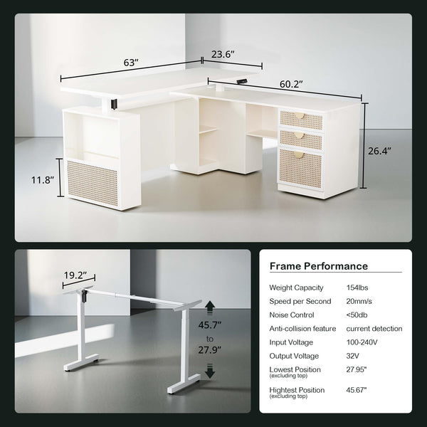 63" L-Shaped Electric Standing Desk with File Cabinet