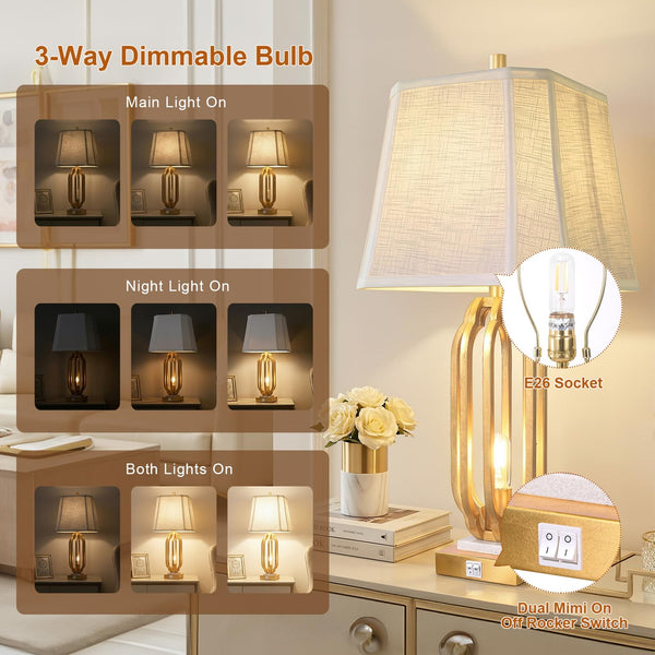 Iron Art Table Lamp Set of 2 with USB Charging Ports & Dimmable Bulb