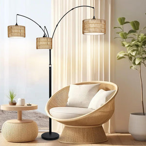 3-Light Dimmable Arc Floor Lamp with Rattan & Fabric Shades