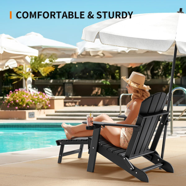 Folding Adirondack Chairs with Retractable Footrest & Cup Holders – HDPE, 400 LBS Capacity