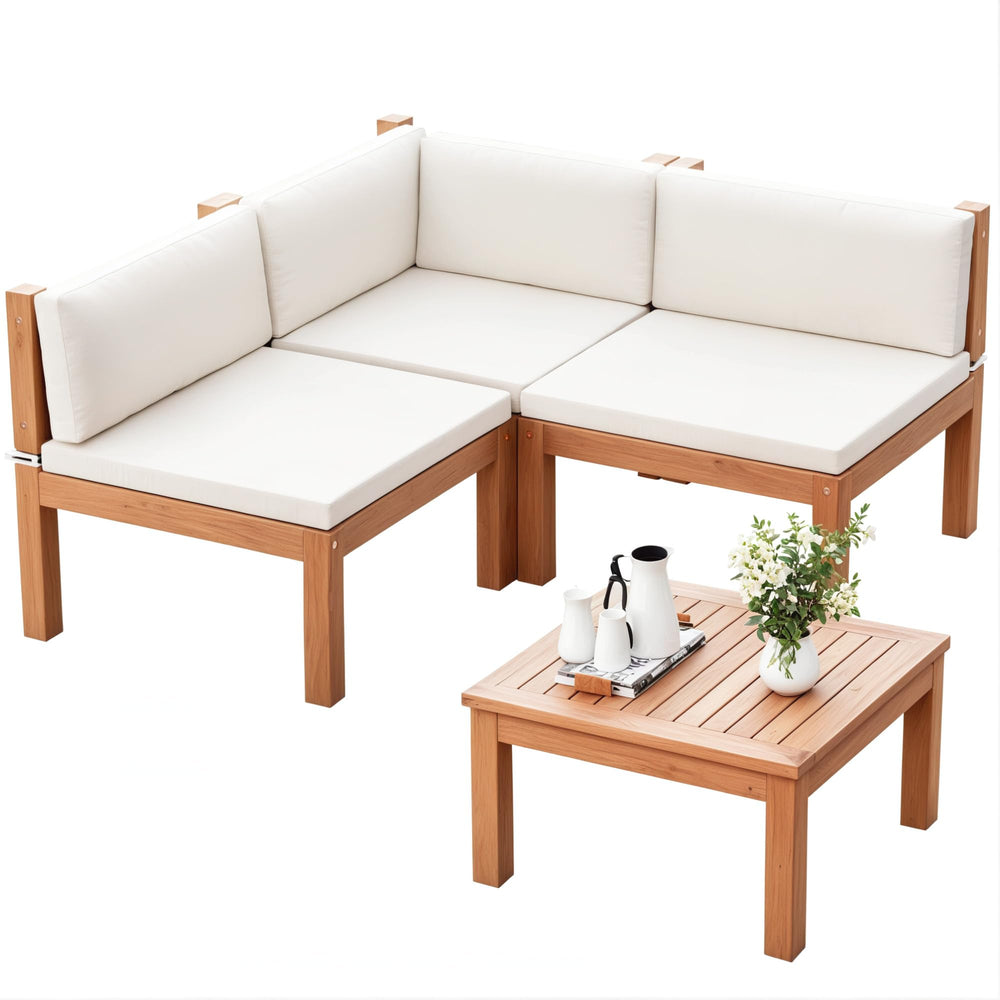 4-Piece Outdoor Sectional Sofa Set with Acacia Wood Coffee Table