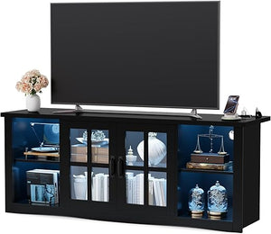 Farmhouse TV Stand 58 Inch with Glass Doors, LED Lights & USB Charging