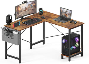 L-Shaped Corner Desk 50 Inch with Side Bag and Reversible CPU Shelf