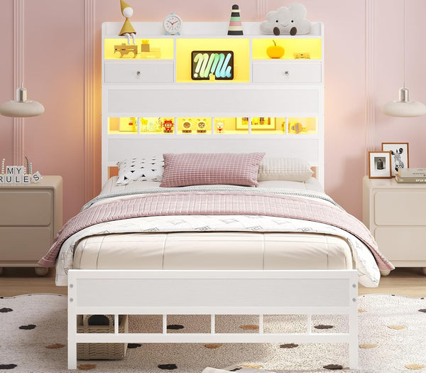 Twin Bed Frame with Headboard, LED Lights & Charging Station