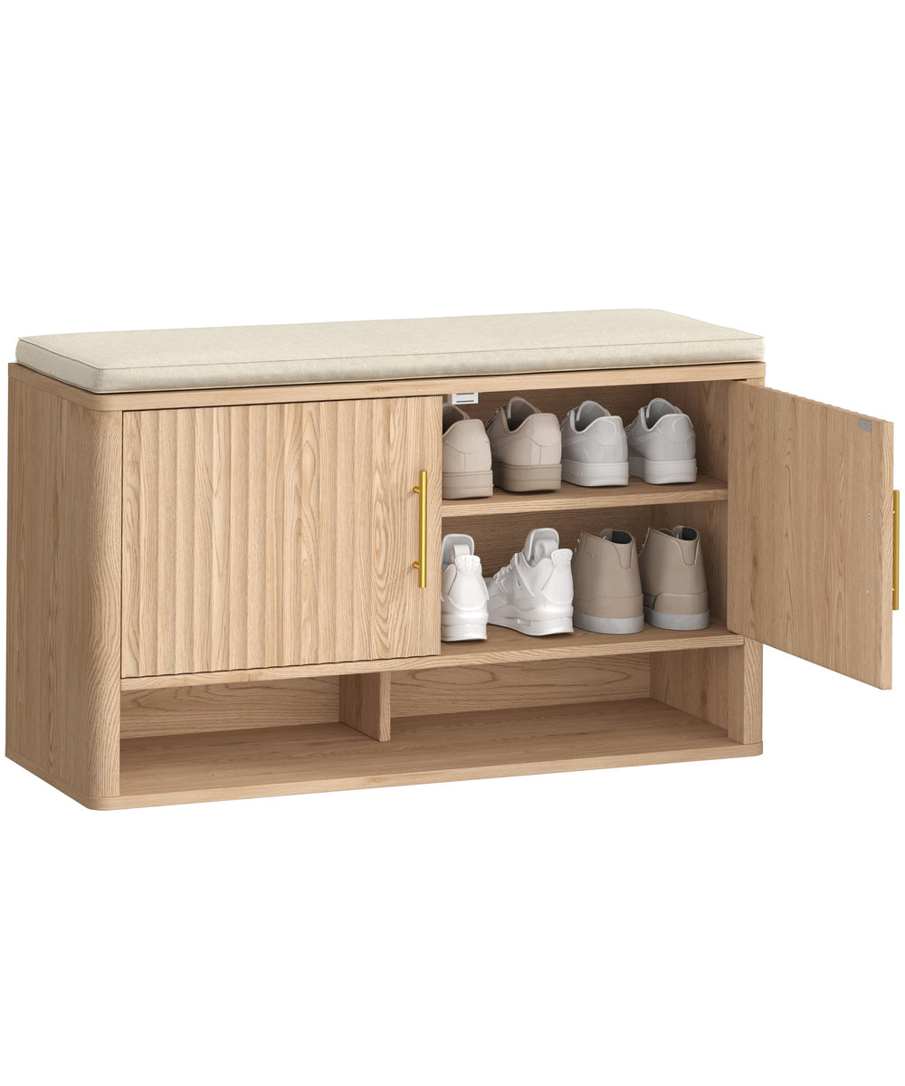Fluted Shoe Storage Bench with Cushion — Natural Oak