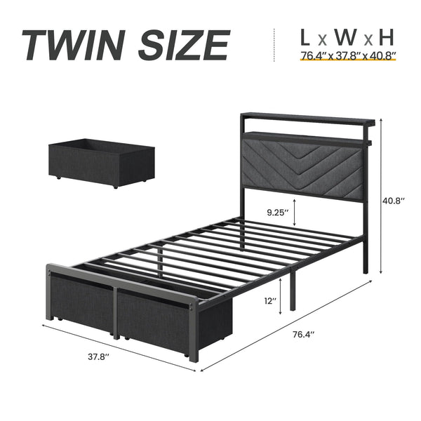 LED Storage Platform Bed with Charging Station & Upholstered Headboard