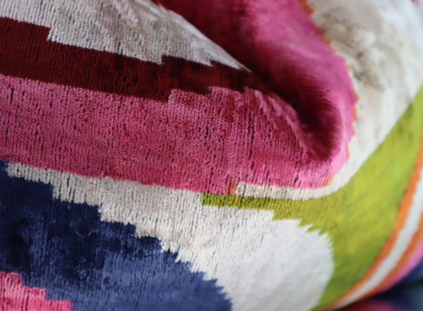 Silk Velvet Throw Pillow 16x24 – Rainbow Ikat Bohemian Accent Cushion