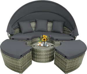 Outdoor Round Rattan Daybed with Retractable Canopy & Adjustable Coffee Table