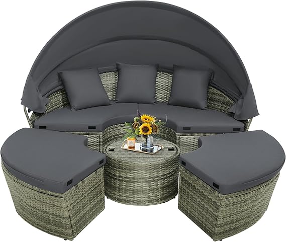 Outdoor Round Rattan Daybed with Retractable Canopy & Adjustable Coffee Table