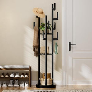 360° Rotating Freestanding Coat Rack with 9 Hooks & 3 Shelves – Solid Rubberwood Hall Tree