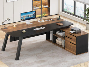 L-Shaped Executive Desk with File Cabinet & Power Outlets