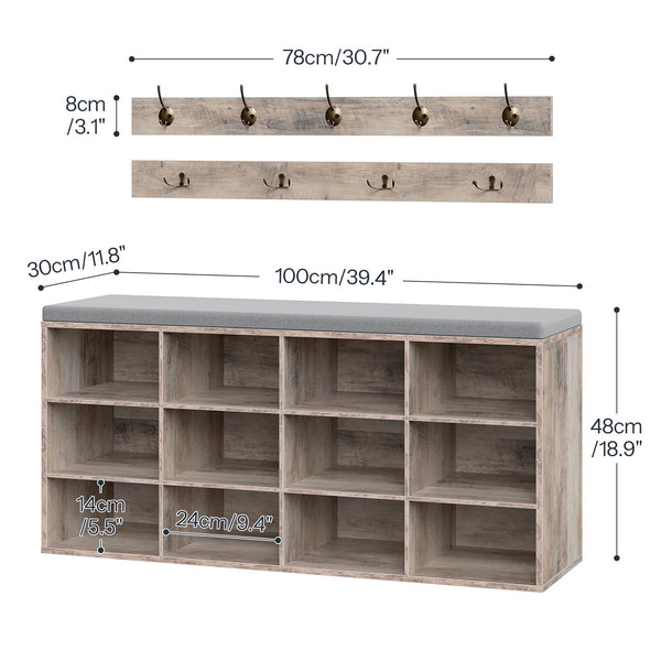 Entryway Shoe Storage Bench with Cushion & Coat Rack, 12 Cubbies, 330 lb Capacity