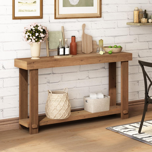 Solid Wood Farmhouse Console Table with Bottom Shelf